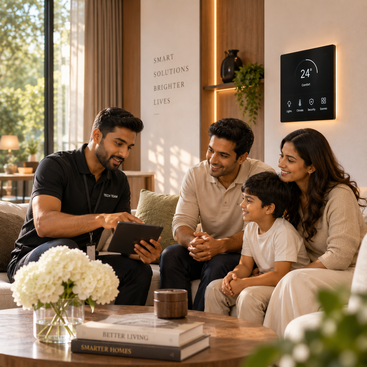 Technician showing a family their smart home app
